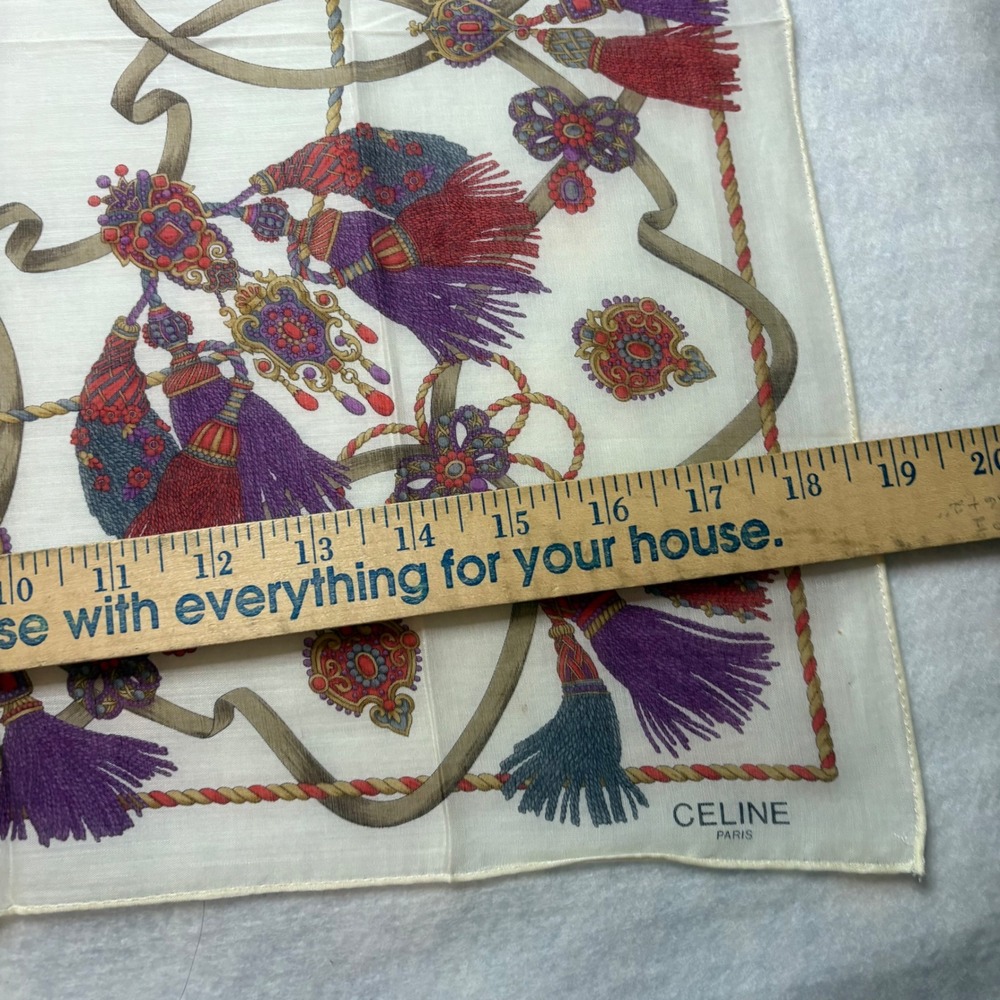 VTG CELINE Scarf Handkerchief Tassel Rope Cotton White Purple 19" - Picture 4 of 5